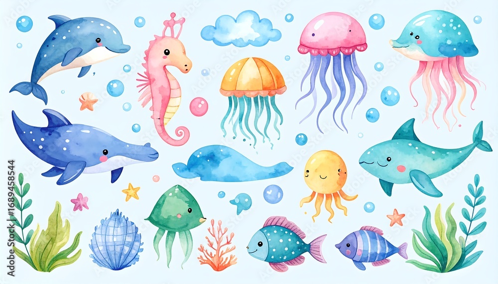 Obraz premium Watercolor aquatic creatures