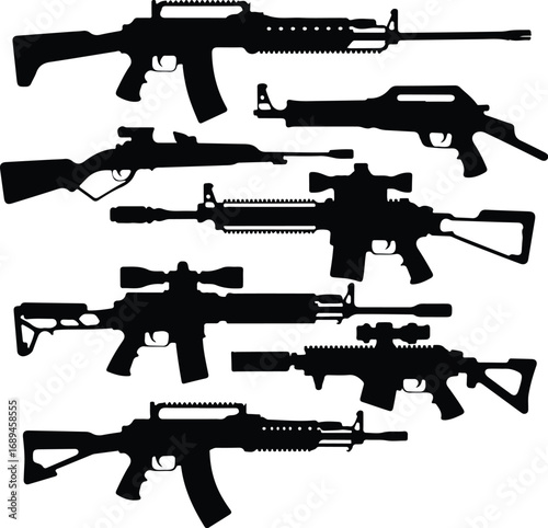 Assault Rifle Silhouette Icon Vector Design Military Weapon Gun Silhouette Symbol Set