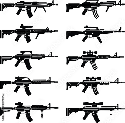 Assault Rifle Silhouette Icon Vector Design Military Weapon Gun Silhouette Symbol Set