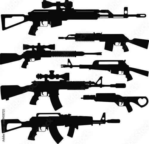 Assault Rifle Silhouette Icon Vector Design Military Weapon Gun Silhouette Symbol Set