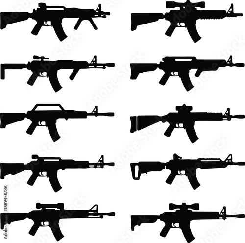 Assault Rifle Silhouette Icon Vector Design Military Weapon Gun Silhouette Symbol Set