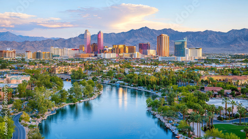 Vibrant cityscape with river in foreground, lush greenery, and backdrop of mountains under clear sky. city buildings reflect golden orange light, creating warm and inviting atmosphere