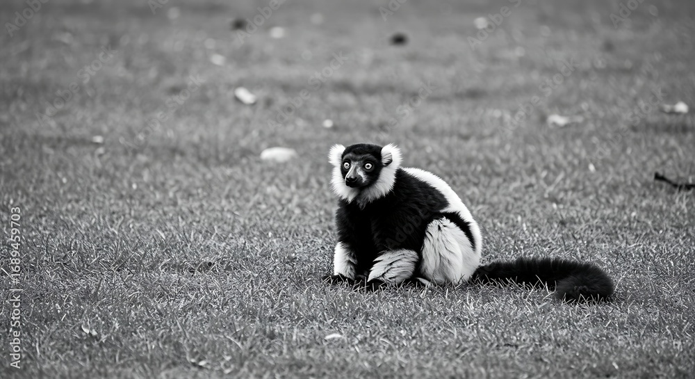 Fototapeta premium Black and white lemur sitting in the grass.
