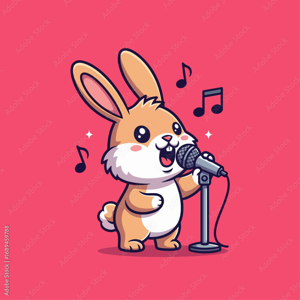 Fototapeta premium Cute Bunny stock illustration. Funny bunny for sticker elements. Bunny sing a song with microphone