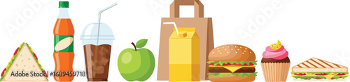 Variety of food and drink items including sandwich, burger, soda, juice, cupcake, apple in nutrition and meal planning illustration
