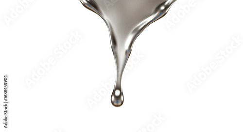 metallic silver liquid dripping isolated on white background, abstract shiny metal fluid effect symbol for futuristic, luxury, and industrial design
