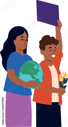 two young people standing together, one holding a globe and the other holding flowers with a raised protest sign, symbolizing activism and environmental awareness.