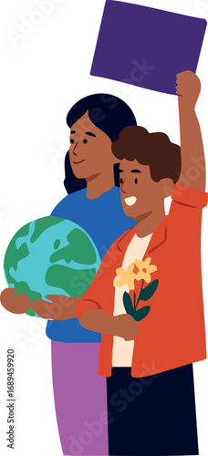 two young people standing together, one holding a globe and the other holding flowers with a raised protest sign, symbolizing activism and environmental awareness.