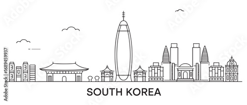 South Korea line Art skyline. Travel South Korea famous landmarks. Business and tourism concept for presentation, banner, web site. with white background