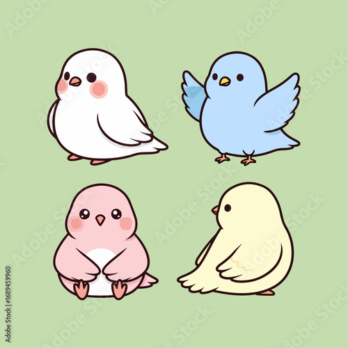 Simple cute kawaii birds, set of kids, children cartoon illustrations