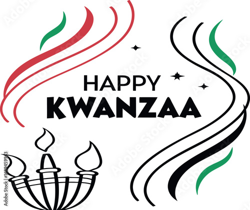 Vector art of happy kwanzaa with three lit candles and colorful wavy ribbons