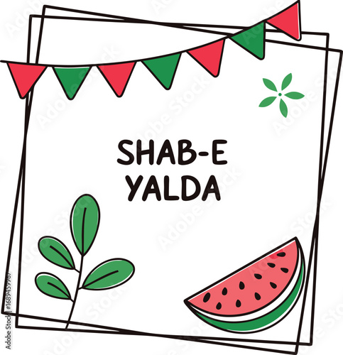 Vector art of shabe yalda celebration with watermelon and festive bunting, a traditional iranian winter solstice event