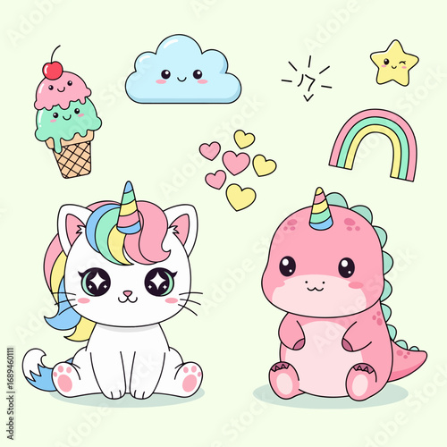 Kawaii Baby Dinosaur Unicorn with elements in pastel color style vector set. Cute cartoon Pink Dinosaur Unicorn with funny kawaii ice cream, cloud, rainbow, heart, happy star etc