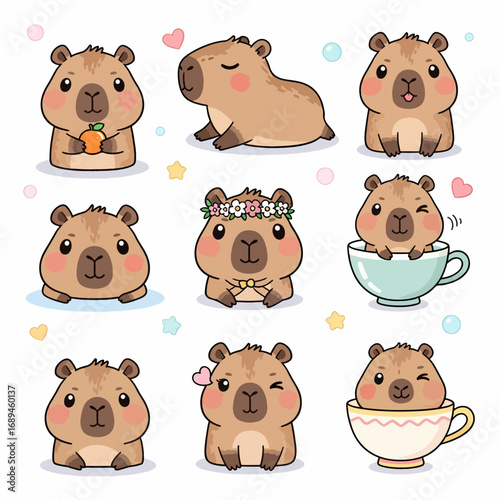 Cute cartoon capybara stacked together, showcasing playful expressions and cozy vibe