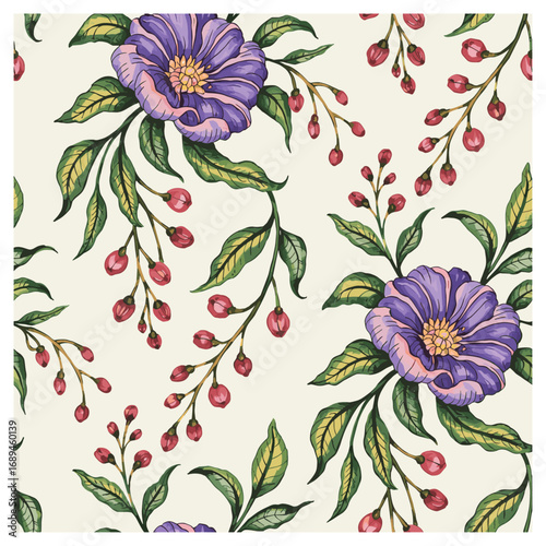 Blooming Vibes is a vibrant and elegant seamless pattern featuring rich purple flowers intertwined with delicate pink berries and lush green leaves. The soft pastel background enhances the lively.
