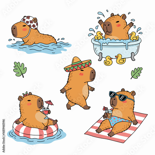 Cute capybara cartoon characters in various poses. Set of kawaii capybaras.