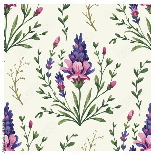 Lavender Dreams is a serene and delicate seamless pattern featuring soft, hand-painted lavender and pink flowers with lush green stems and leaves. The gentle hues and graceful design create.