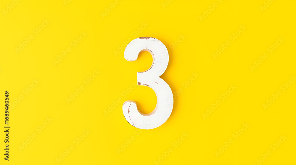 Fototapeta premium number three - white number in wood on yellow background