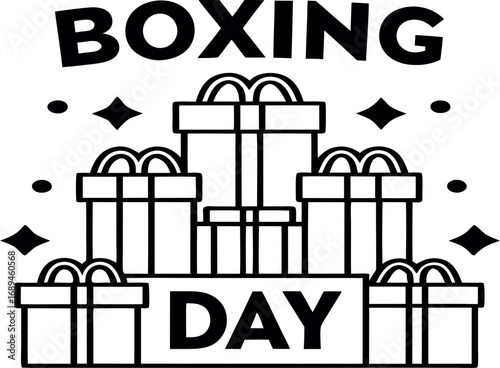 Vector art of black and white illustration of stacked gift boxes with ribbons, spelling out boxing day