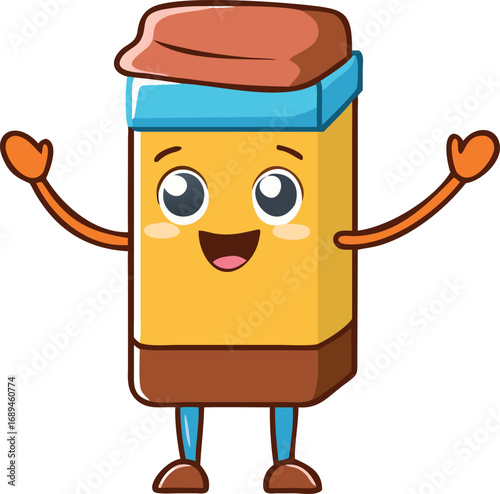 Vector art of cute cartoon eraser character with arms and legs, smiling and waving