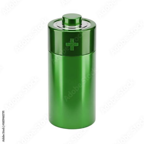 Green cylindrical battery with a plus symbol isolated on transparent background