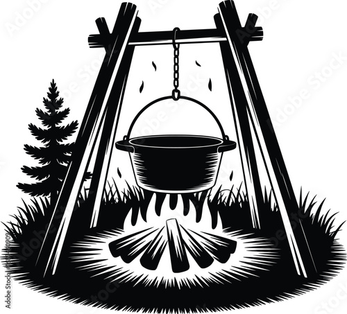 Campfire Cooking Pot Hanging Over Open Fire Outdoor Survival.