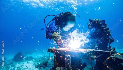 Underwater welder working on metal structure