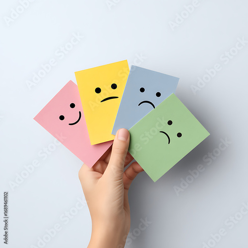 Hand holding colorful sticky notes with emoticons representing different moods and emotions for feedback and expression