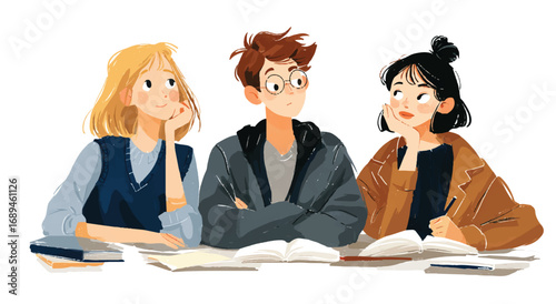 Illustration of three students studying together focusing on books notes and collaborative learning in a classroom environment