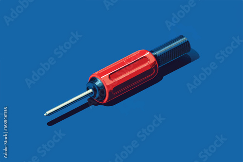 Illustration of a red handled screwdriver casting a shadow on a solid blue background for workshop or repair related concept