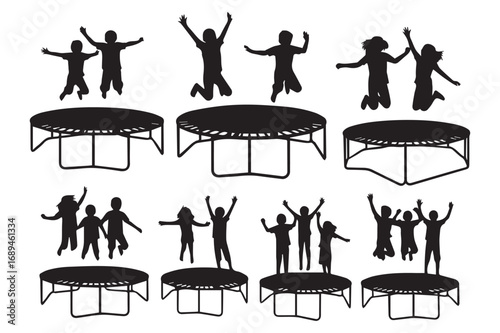 Photo of collection of trampoline silhouettes with jumping children