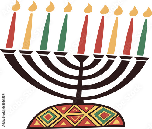 Vector art of menorah with nine colorful candles lit for hanukkah celebration