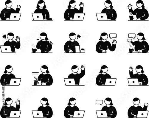 Collection of diverse women working on laptops and interacting with technology in a modern style