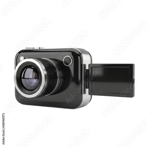 Sleek black digital camcorder with flip out screen isolated on transparent background