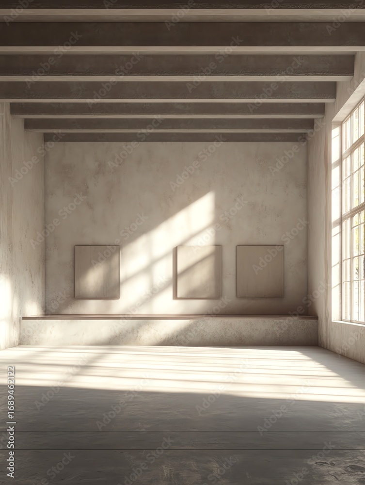 Fototapeta premium Spacious, sunlit interior of an empty gallery.