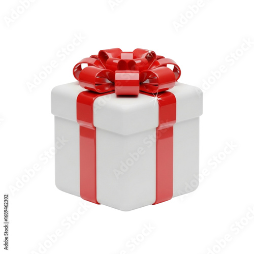 White gift box with red ribbon and bow isolated on transparent background