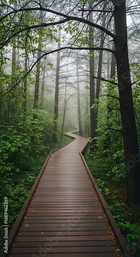 A winding boardwalk meanders through a misty forest, bathed in the soft light of a tranquil morning.