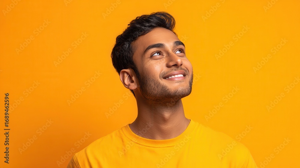 Obraz premium happy joyful smiling young indian man looking aside up thinking of new good opportunities dreaming feeling inspired and proud standing isolated on yellow background portrait no logos no brands ar 169