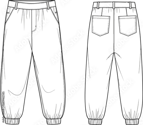 Jogger pants fashion flat sketch, front and back view, elastic hem, pocket details, vector cad drawing for apparel design