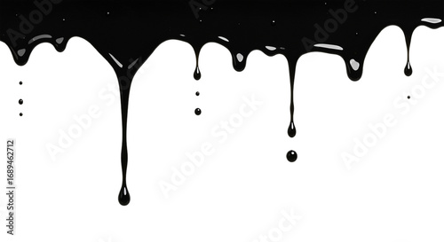 black oil liquid dripping down isolated on white background, symbol of energy, industry, pollution, and environmental crisis concepts.  
