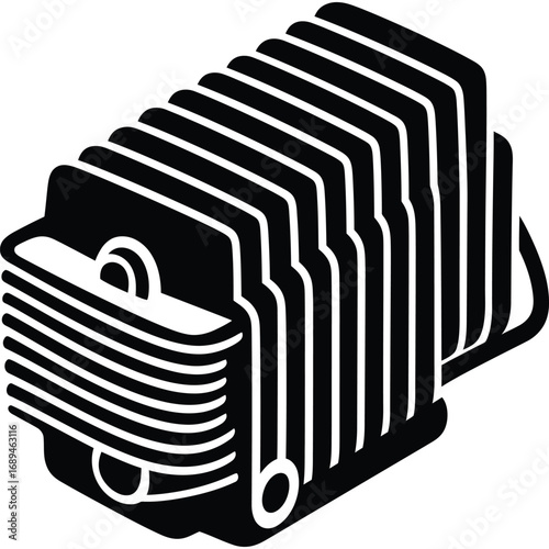 Illustration of a black and white engine component with cooling fins in a detailed technical drawing style silhouette