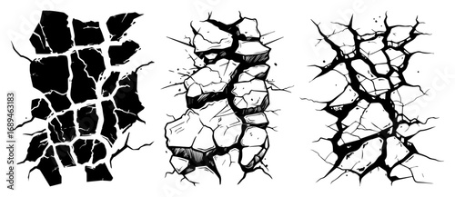 Large earthquake cracks broken asphalt and shattered concrete textures rugged fissure surface illustration vector