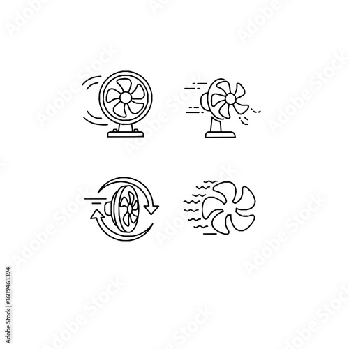 Four black-and-white line drawings depict various fan and propeller designs. Each image illustrates