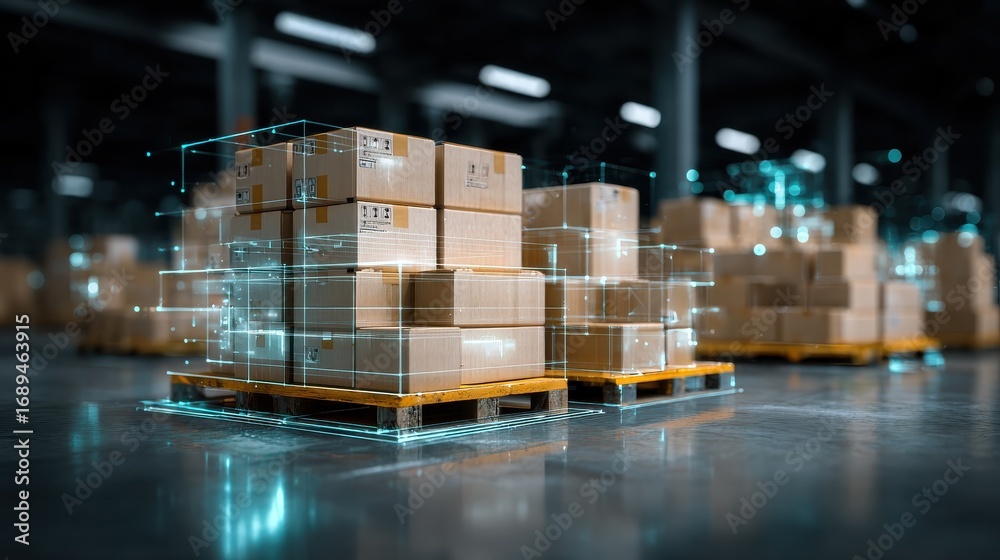 Naklejka premium a digitally enhanced image of a pallet of cardboard boxes in a warehouse with glowing lines depicting advanced tracking and inventory management systems
