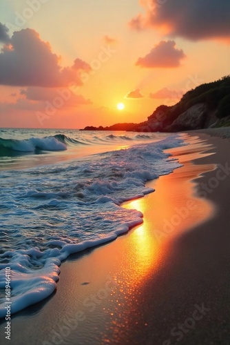 Serene beach scene at sunset, tranquil ocean waves lapping the shore, golden sand reflecting the warm light Perfect for travel, vacation, or relaxation themes , tropical beach, wave