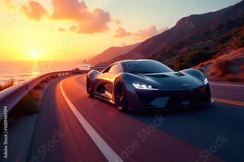 Sleek, futuristic auto sportscar speeding on a winding coastal road at sunset The vibrant colors and dynamic motion capture the thrill of high-performance driving , luxury, blue