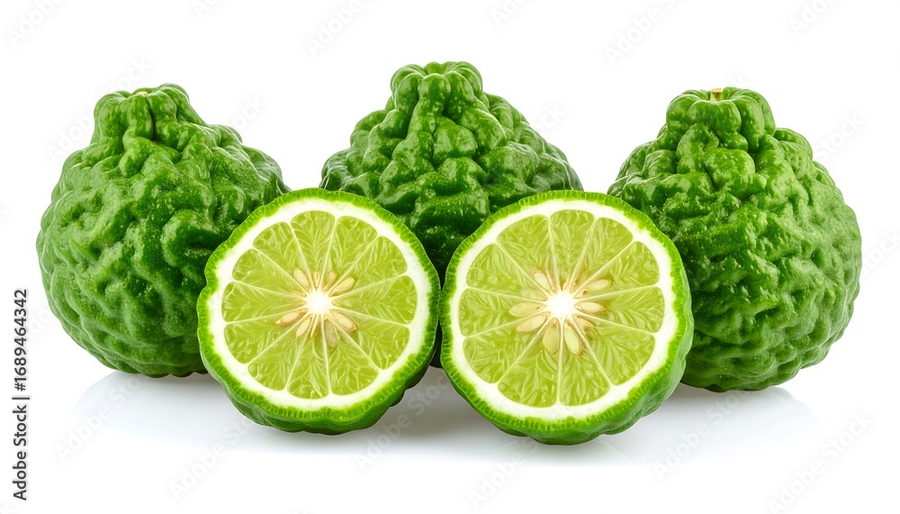 Fototapeta premium Fresh bergamot fruits, whole and sliced, on white background