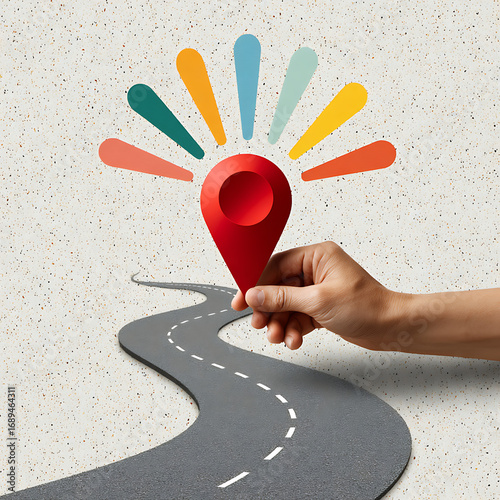 Hand placing red location pin brightly colored ideas bursting from map pin icon on winding road path