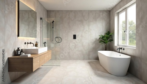Sleek, minimalist bathroom with a floating vanity, rainfall shower, and large format tiles Perfect for modern home design inspiration Shows contemporary bathroom trends , mirror, toilet