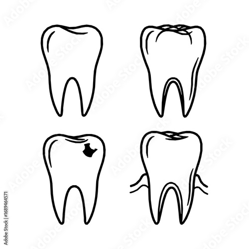 Four black and white tooth icons, each illustrating different conditions. The top left shows a healthy tooth